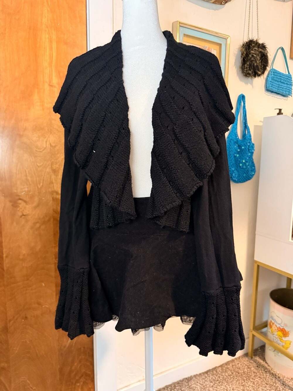 Y2K Miss Me Black Ruffle Knit Open Front Cardigan